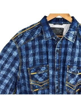 Oxygen Faux Denim Plaid Western Shirt Mens XXL Blue Rodeo Y2K Flashy Acid Wash